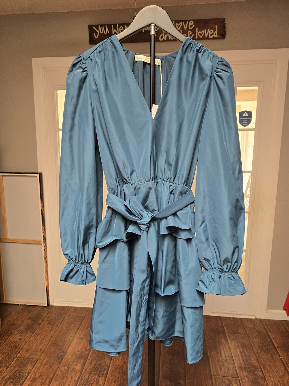 Marie Oliver Teal Long Sleeve V-Neck Tie-Waist Dress